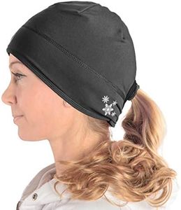 Women`s Ponytail Hat | Running Beanie with Ponytail Hole | Reflective Beanie with Hole for Pony Tail - Thin Fleece Fabric (Jet Black)