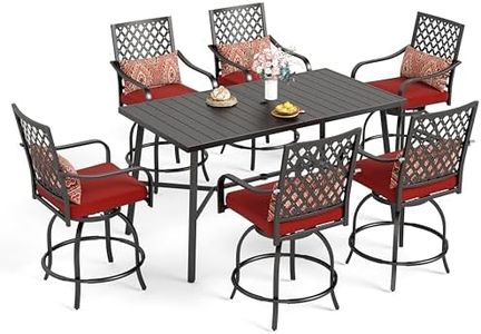 Sophia & William 7-Piece Outdoor Bar Set, Bar Height Patio Table and Chairs for 6, 6 Outdoor Swivel Bar Stools with Red Cushion and 1 Rectangular Bar Height Table