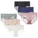 LIQQY Women's 6 Pack Mid Rise Cotton Lace Full Coverage Hipsters Panties Underwear (X-Large, Black/Blue/Pink/Grey/Nude/White)