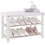 APICIZON Shoe Rack Small Shoe Storage Bench, 3-Tier Bamboo Small Bench, 70 x 28 x 45 cm, Rustic Hallway Shoe Organizer with Seat for Living Room, Bedroom, Bathroom, Entryway, White