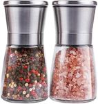 DRAVINA Salt & Pepper Shaker | Premium Glass & Stainless Steel Adjustable Grinder | Refillable Masala Spice Container for Kitchen, Dining, and Cooking | Compact, Durable Design (Small, Pack of 2)