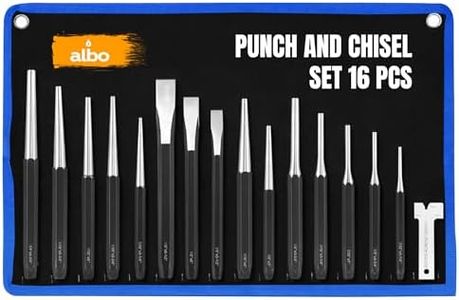 ALBO 16-Piece Punch and Chisel Set, Chrome Vanadium Steel Center Punch Set for Metal, Tapered Pin Drivers, Heavy Duty Cold Chisels, Hex Anti-Roll Handles,Roll-Up Storage Pouch, Chisel Gauge Included