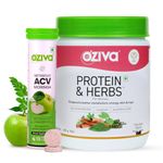 OZiva Protein & Herbs for Women (Chocolate) to Reduce Body Fat, Manage Weight 1lbs and OZiva ACV Moringa For Weight Loss | 3-in-1 Fat Oxidation Formula, 15 Effervescent Tablets (Green Apple)