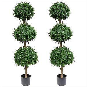 Two 66 Inch Artificial Boxwood Triple Ball Topiary Trees Potted UV Rated 5 and a Half Foot Tall