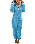 YILEEGOO Women Fleece Onesies Zip Up One Piece Hooded Pajamas Cozy Sleepwear Pyjamas Autumn Winter Warm Loungewear Jumpsuit Blue