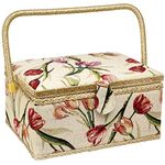 Sewing Basket with Tulip Floral Print Design- Sewing Kit Storage Box with Removable Tray, Built-In Pin Cushion and Interior Pocket - Large - 12" x 9" x 6" - by Adolfo Design