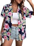 DUTUT Women Hawaiian Shirt Tropical Floral V Neck Button Up T-Shirt Soft Cool Summer Beach Short Sleeve Blouses Tops Black