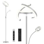 FIMEI Upgraded 3 in 1 Floor Lamp, Modern Bright Standing Sky LED Lamp with Split Rotatable Ring Light and Small Reading Lamp, 4 Color and Dimmable, 3-Way Independent Control for Living Room, Grey