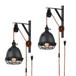 SEEBLEN Vintage Design Industrial Wheel Farmhouse Wall Mount Pulley Wall Pendant Lamp with 15-Foot Brown Plug and Switch, Adjustable Wall Sconce