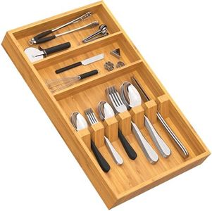 Yofidra Pure Bamboo Silverware Drawer Organizer: 16.5 Inch Large Silverware Utensil Tray Holder, 3-Compartment with 6 Card Slots Kitchen Flatware Organizer for Spoons Forks Knives, 2024 New Upgrade