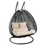 Hindoro Rattan Wicker Wrought Iron Two Seater Swing Chair with Powder Coated Stand & Cushion & Hook || Double Hammock Swing For Adults & Kids || Outdoor || Indoor || Balcony || Garden || Patio || Backyard || Porch || Yard || Terrace || Living Room Furniture (King, Black)