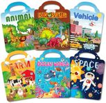 Aananl 6 Pack Reusable children's fluffy sticker book, suitable for toys aged 2-4, includi g 6 themed animals, farm, dinosaur, ocean world, space, vehicles, can be used as Christmas and birthday gifts