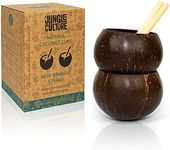 Jungle Culture® Real Coconut Shell Cups for Malibu Cocktails & Smoothies • Small Coconut Bowls & Bamboo Straws • Natural Wooden Cup • Drinking Mugs/Tumblers for Party • Zero Waste Sustainable Gifts