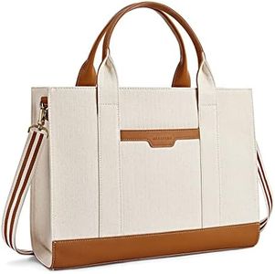 Missnine Tote Bag Canvas Laptop Bag 15.6 inch Briefcase for Women Large Capacity Handbag for Office, School, Travel (Brown+Beige), (MS0101010AN-FUS)