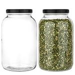 2 Pack - 1 Gallon Mason Jar - Glass Jar Wide Mouth with Plastic Lid - Container for Storing Dry Foods, Spices, Pasta, Legumes and Pet Food - Airtight Kitchen Storage (Black Cap)
