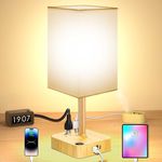 Wood USB Bedside Table Desk Lamp with 3 USB Charging Ports and 2 Outlets Power Strip,Wood Charger Base with White Fabric Shade, LED Light for Bedroom/Nightstand/Living Room