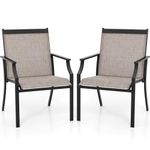 COSTWAY Garden Chairs Set of 2, Outdoor Metal Frame Texteline Dining Chairs with High Back and Armrests, All-Weather Patio Bistro Chair Deck Seats for Backyard Lawn Porch (Coffee, 68 x 61 x 90 cm)