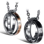 Flongo 1 Pair of Eternal Love Dual Rings Hook-ups Promise Pendant Necklace Stainless Steel Couples Mens Womens