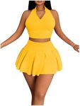 SOLY HUX Women's Summer 2 Piece Outfits Half Zip Crop Tank Tops and Mini Pleated Skirt Set Pure Yellow X-Small