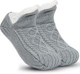 Grey Slipper Socks for Women Men Girls, Fluffy Warm Socks Knitted Thick Fleece Lined Grippers Non Slip Socks Soft Cozy Winter Home House Bed Floor Slipper Socks