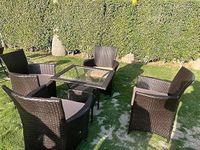 Lotey Modern Patio Furniture Seating Indoor-Outdoor Chair and Table Furniture, Garden Patio Seating Set, Balcony Furniture Coffee Table Sets, Powder Coated (4+1) (D-43 Brown Light Brown Cusion)