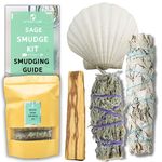 Raw Earth Beginners Sage and Palo Santo Smudging Kit, White Sage, Desert Sage & Palo Santo Smudge Stick Set with British Scallop Shell Smudging Gift Kit Home Incense