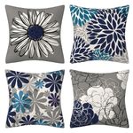 4 Pack Blue Modern Daisy Pillow Covers Cotton Linen Floral Decorative Spring Throw Pillowcase, Square Cushion Covers for Sofa Couch Home Decor 18x18 Inches