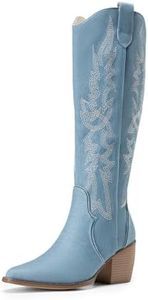 DREAM PAIRS Womens Cowboy Boots Comfortable Pull On Zipper Chunky Heel Pointed Toe Embroidered Western Cowgirl Knee High Boots Girls Ladies Retro Tall Boot,Size 8,Denim Blue,SDKB224W