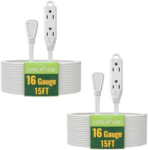 GREATIDE 15 Ft 3 Outlet Indoor Extension Cord with Flat Plug, 3 Prong Grounded 16/3 SPT-3 Power Cable with Multi Outlet Plug, White, 2 Pack
