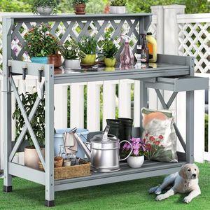 YITAHOME Outdoor Garden Workstation Table with Drawer, Potting Bench Table w/Exposed Rack, Hanger, PVC Water-Resistant Mat, Grey