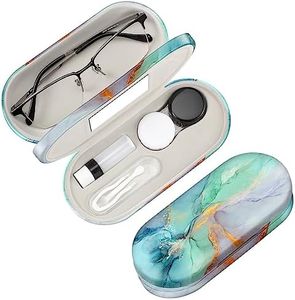 Fintie 2 in 1 Contact Lens Case and Eyeglasses Case, Double Sided Portable Contact Lens Travel Case with Built-in Mirror, Tweezer and Contact Lens Solution Bottle Included, Emerald Marble