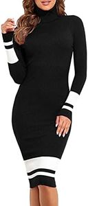 PrettyGuide Sweater Dress for Women Fall Casual Long Sleeve Turtleneck Ribbed Sweaters Sexy Bodycon Knit Dress Black with White M