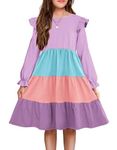 Arshiner Girls Casual Dress Long Sleeve Smocked A-Line Midi Fall Playwear Dresses with Pockets Purple 12-13 Years