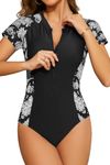 SHEKINI Women's One Piece Rash Guard Short Sleeve 1/4 Zip up Swimsuit Quick Dry Bathing Suit Build in Bra Swimming Costume, Black Floral, L