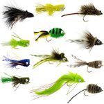 The Fly Fishing Place Bass Bug Collection - Set of 12 Bass Fly Fishing Flies - Surface Poppers Divers and Subsurface - Hook Sizes 2,4 and 6