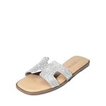 DREAM PAIRS Women's Slide Sandals Cute Slip on Flat Ladies Dressy Sandals for Summer SDSS2401W,Size 7,SILVER-RHINESTONE,SDSS2401W