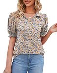 Micoson Womens Short Sleeve Polo T Shirts V Neck Casual Collared Tops Puff Sleeve Work Tunic Blouses, Pink Floral, Medium