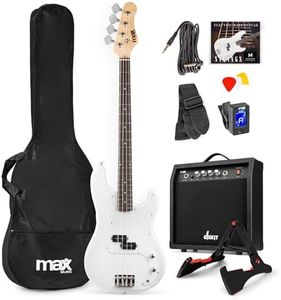 MAX GigKit Full‑Size White Electric Bass Guitar Starter Pack - 4‑String Bass Guitar with 15-40 W Amp, Gig Bag, Strap, Cable, Picks & Extras – Ideal Beginner Student Kit with 6 months Lessons