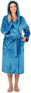PAVILIA Plush Hooded Robe For Women | Turquoise Teal Blue, Fluffy Soft Bathrobe With Hood | Fuzzy Warm Spa Robe, Cozy Fleece Long Robe | Satin Trim, Large-X-Large