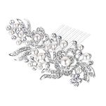 Ever Faith Austrian Crystal Cream Simulated Pearl Flower Leaf Vine Hair Comb Clear Silver-Tone