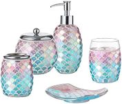 Motifeur Bathroom Accessories Set, 5-Piece Glass Bath Accessory Complete Set with Lotion Dispenser/Soap Pump, Cotton Jar, Soap Dish, Tumbler and Toothbrush Holder (Mermaid)