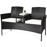 Tangkula Wicker Patio Conversation Furniture Set, Outdoor Furniture Set with Removable Cushions & Table, Tempered Glass Top, Modern Rattan Sofas Set for Garden Lawn Backyard (Black)