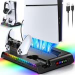 RGB Cooling Stand for PS5 Slim,Vertical Stand for PS5 Slim Accessories with LED Lights&Headset Holder&3 Levels Cooling Fan,Dual Controller Charging Station for PS5 Slim Console(Digital/Disc)- Black