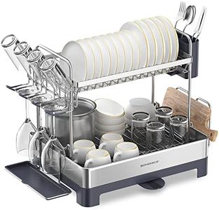 SONGMICS Dish Drying Rack, 2-Tier Dish Rack for Kitchen Counter with Rotatable and Extendable Drain Spout, Dish Drainer with Utensil, Cup, Glass, Cutting Board Holders, Silver and Gray UKCS032E01