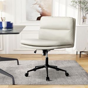 OIKITURE Swivel Armless Office Desk Chair Lockable Adjustable Height and Backrest, Wide Leather Seat Computer Chair 2-Layer Cushion with Spinning Castors, Capacity 180KG, Living Room Bedroom, Beige