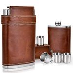 STORE 2508 304 18/8 Stainless Steel 8oz 236ml Hip Flask Brown PU Leather with 3 Cups and Funnel 100% Leak Proof