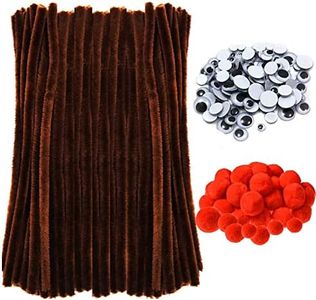 300 Pcs Christmas Brown Pipe Cleaners Set Including 100Pcs Brown Chenille Stems, 100Pcs Self-Sticking Wiggle Googly Eyes and 100Pcs Red Pompoms for Christmas Reindeer Crafts