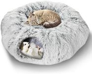 Lonepetu Cat Tunnel Bed for Indoor Cats, Warm Plush Collapsible Cat Donut Tunnel with Central Mat, Fluffy Cat Cave Tube with Hanging Ball for Cat Kitten Rabbit Puppy Ferret