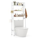 COSTWAY Over Toilet Storage Unit, 3-Tier Freestanding Bathroom Shelf Space Saver Organizer with Toilet Paper Holder, 2 Hooks and Adjustable Bottom Bar, Metal Frame Over The Toilet Storage Rack (White)