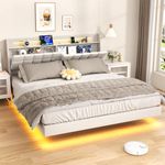 Zevemomo Floating King Bed Frame with Storage Headboard, Upholstered Platform Floating Bed Frame King with LED Lights, Charging Station with USB Ports, No Noise, White